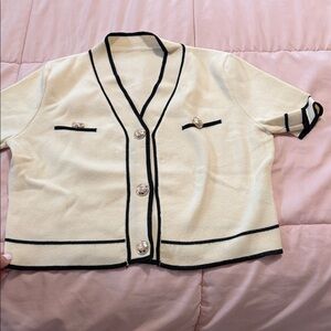 SHEIN Cream Short Sleeve Cardigan with Black Trim